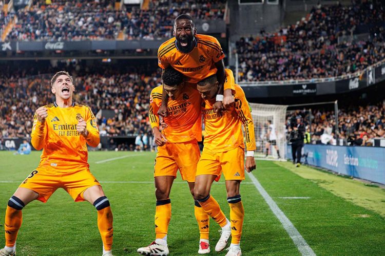 Federico Valverde, Jude Bellingham, Antonio Rudiger, Kylian Mbappe (Real Madrid FC) seen celebrating after scoring goal during LaLiga EA SPORTS game between teams of Valencia CF and Real Madrid FC at Mestalla Stadium