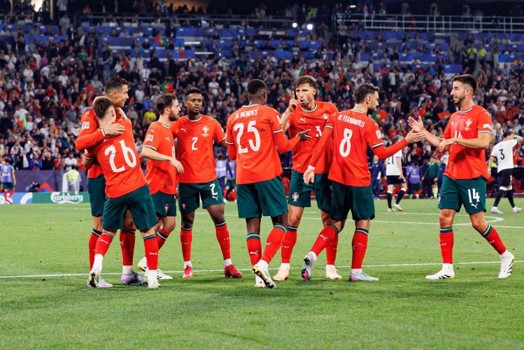 Players of Portugal seen  celebrating after goal from Cristiano Ronaldo during  official training before UEFA Nations League 2025 semifinal game between national teams of Germany and Portugal (Maciej Rogowski)